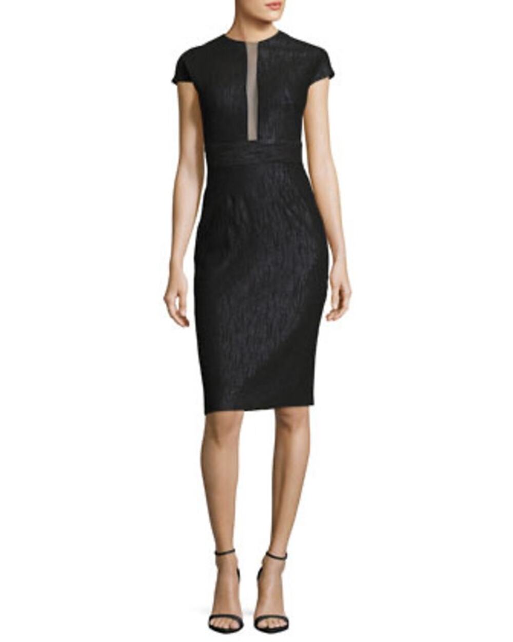 Lela Rose Black Metallic Sheer Panel Cap Sleeve Sheath Cocktail Dress Size 12